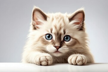 Obraz premium Cute adorable domestic curious cat kitten animal with its paws peeking over a white surface, photorealistic illustration on isolated background texture design. 