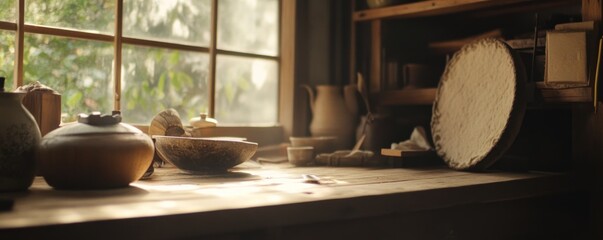Sunlit pottery workshop window, clay vessels, wood shelves