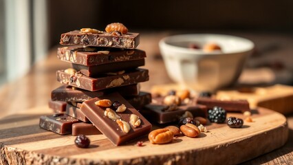 Delicious handmade chocolate bars with nuts and dried fruits on a wooden board