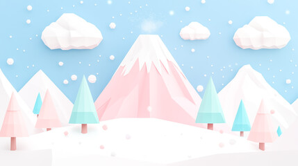 A colorful low-poly geometric background with pink and blue colors, a snowy mountain in the center, trees around, clouds on top, a simple design, and a cute aesthetic