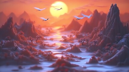 Cranes Flying Over a Mountainous Landscape at Sunset