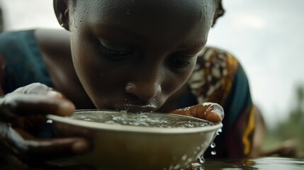 Girl drinks water from bowl, African village, drought background, clean water campaign