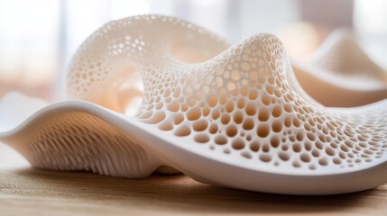 Studio 3D-printed organic sculpture, porous design, light background, product design
