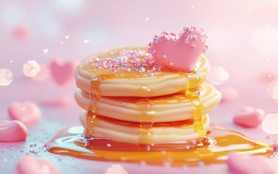 Floating stack of heart-shaped pancakes with honey drizzles and fruit bursts on a cozy pastel-themed background for Saint Valentines Day and 8 March International Womens Day - Powered by Adobe