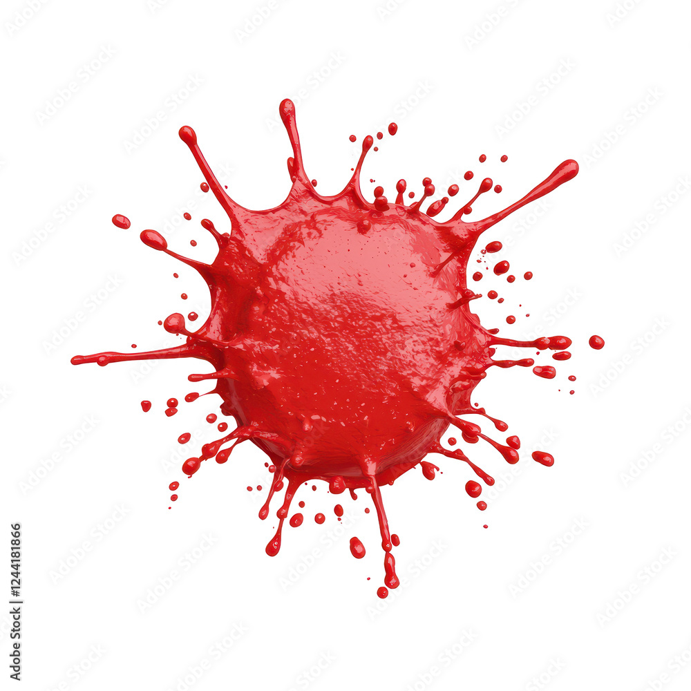 Poster red paint splash with dynamic droplets on transparency background