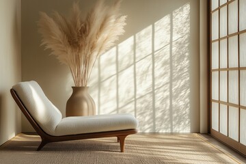 Minimalist Japanese inspired corner with a lounge chair and pampas grass in a ceramic vase, illuminated by warm sunlight. Concept of relaxation, simplicity, and natural decor.
