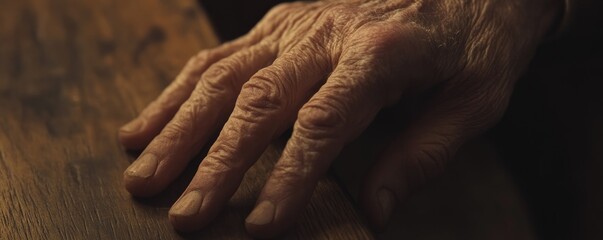 Fototapeta premium Elderly hand rests on wood; dark background; aging, care concept