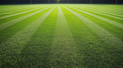 Obraz premium Vibrant green grass stretches across the landscape, presenting a pattern of neat stripes illuminated by the soft afternoon light, evoking tranquility and nature's beauty