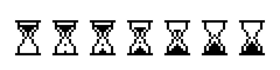 Pixel hourglass icon set. Retro timer with sand animation for time and countdown to measure minutes and seconds interface