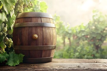 Rustic Wooden Wine Barrel in Vineyard Setting Grapes Green Foliage Background