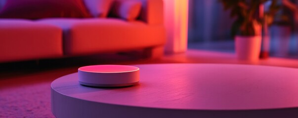 Smart device on coffee table, living room, red lighting, home automation