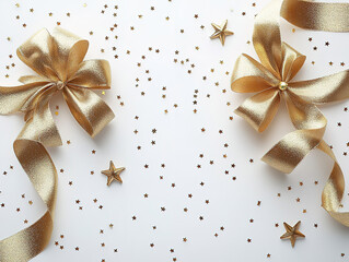 Christmas Mockup with Golden Ribbons and Stars on White