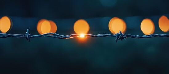 Barbed wire fence at night, bokeh lights background, hope concept