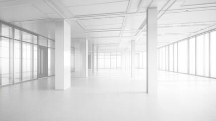 Modern empty office space, bright windows, minimalist design, ideal for business presentations