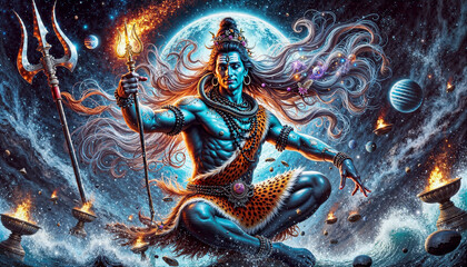 Lord Shiva Wielding a Fiery Trishul Amidst Celestial Forces