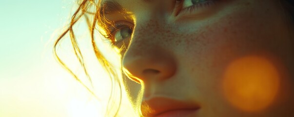 Freckled girl sunset profile, golden hour, outdoors