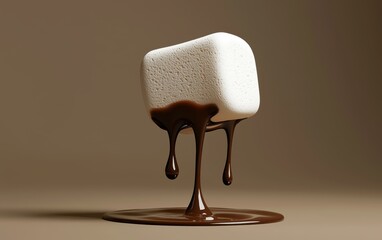Obraz premium Flying roasted marshmallow with melted chocolate drips on a pastel brown background