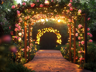 Fototapeta premium Garden arbor with lush flower arrangements and twinkling string lights