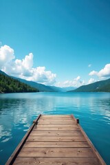 Obraz premium Elevated wooden dock overlooking lake, vibrant blue sky dotted with clouds , high angle, environment