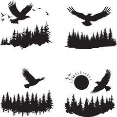 Silhouette of a Bird Flying over a Forest