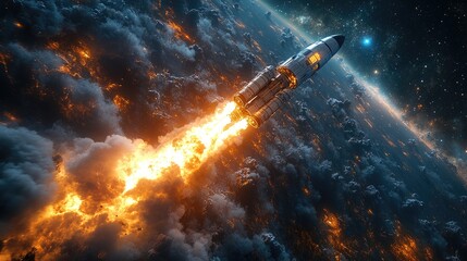 A rocket launches into space, leaving a trail of fire and smoke against a cosmic backdrop.