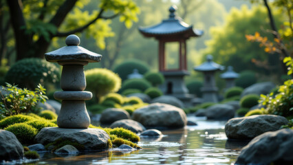 Naklejka premium A serene garden scene with a temple, stone lanterns, and moss-covered rocks, evoking tranquility often associated with religious retreats.