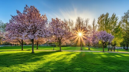 Springtime Park Scene with Blooming Cherry Trees and Sunlight Rays