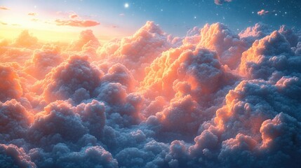 Fototapeta premium A serene view of fluffy clouds illuminated by a warm sunset glow.