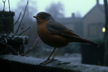 Frosty Robin Perch: Winter Bird on Icy Railing, Suburban Backdrop, Cold Morning Light