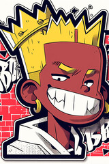 Obraz premium Smiling King: A vibrant illustration of a stylized cartoon king, boasting a mischievous grin, golden crown, and bold red skin.