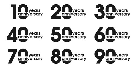 Anniversary icon or logo set. 10, 20, 30, 40, 50, 60, 70, 80, 90 years. Birthday celebrating, invitation, jubilee design element. Vector illustration.