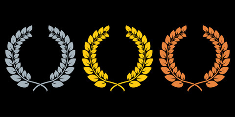 Laurel wreath award set. Gold, silver and bronze laurel frames. First, second, third place prize concept. Vector illustration.