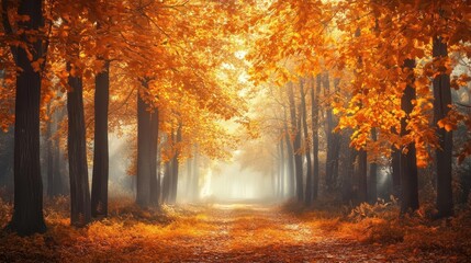 Obraz premium Autumn Woods Scene Generated by AI Featuring Golden Trees and Misty Atmosphere