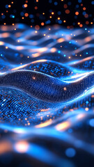 Dynamic blue waves with glowing particles create mesmerizing