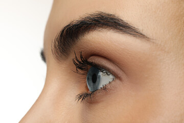 Closeup view of woman with blue eyes