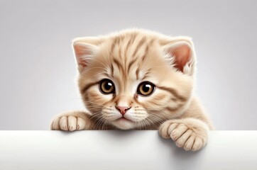 Cute adorable domestic curious cat kitten animal with its paws peeking over a white surface, photorealistic illustration on isolated background texture design.
