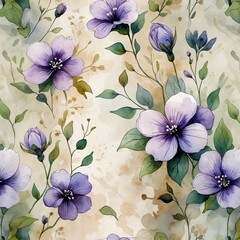 Obraz premium Floral pattern featuring delicate purple flowers on a soft beige background with green leaves and touches of watercolor