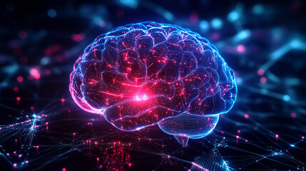 Futuristic neural network brain with glowing connections for AI, neuroscience, and machine learning concepts