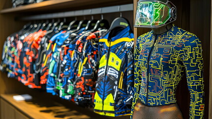 Fototapeta premium Stylish sports apparel hanging on a rack with vibrant colors and intricate patterns, featuring a mannequin wearing a futuristic racing suit.