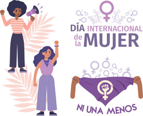 Recurso día de la mujer, mujeres diversas con altavoz, pañuelo morado y letrero de marcha del 8 marzo