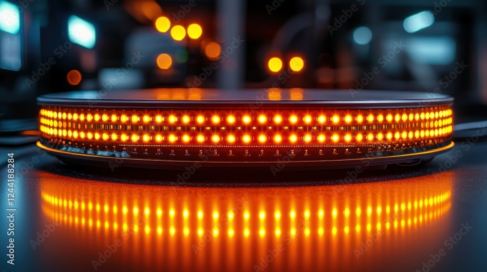 Poster rotating led ring display in a dark industrial setting