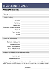 Travel insurance application form with places to fill in