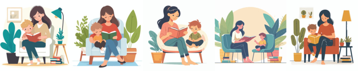vector set of mother reading a book to her child