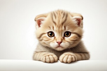 Cute adorable domestic curious cat kitten animal with its paws peeking over a white surface, photorealistic illustration on isolated background texture design.
