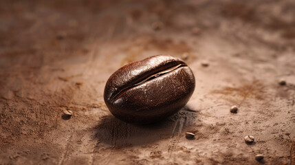 A realistic close-up shot of a single coffee bean on a smooth, warm brown background