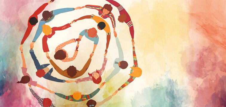 Group people in circle from diverse culture holding hands.Teamwork and cooperation.Community of friends or volunteers committed to social issues for peace and the environment.Top view