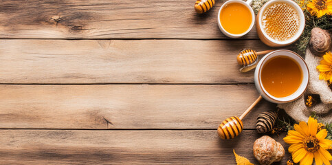 A lovely arrangement features honey in bowls, a honey dipper, and delicate flowers on a rustic wooden table. Natural elements enhance the warm ambiance, inviting a sense of comfort and sweetness.