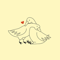 Vector illustration with hugging and supporting each other geese. Cute and romantic print design, home decoration poster, greeting card template, apparel print design