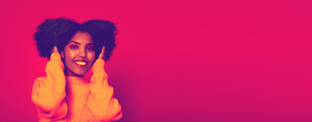 Pretty woman smiling in neon light, space for text. Banner design