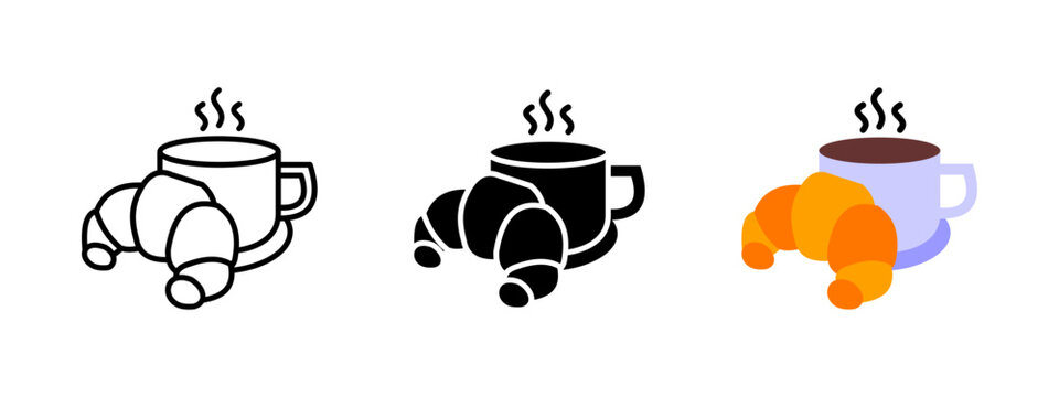 Coffee and croissant icon. Classic breakfast vector illustration. Morning cafe drink symbol. Fresh bakery pastry sign. Gourmet brunch food concept.